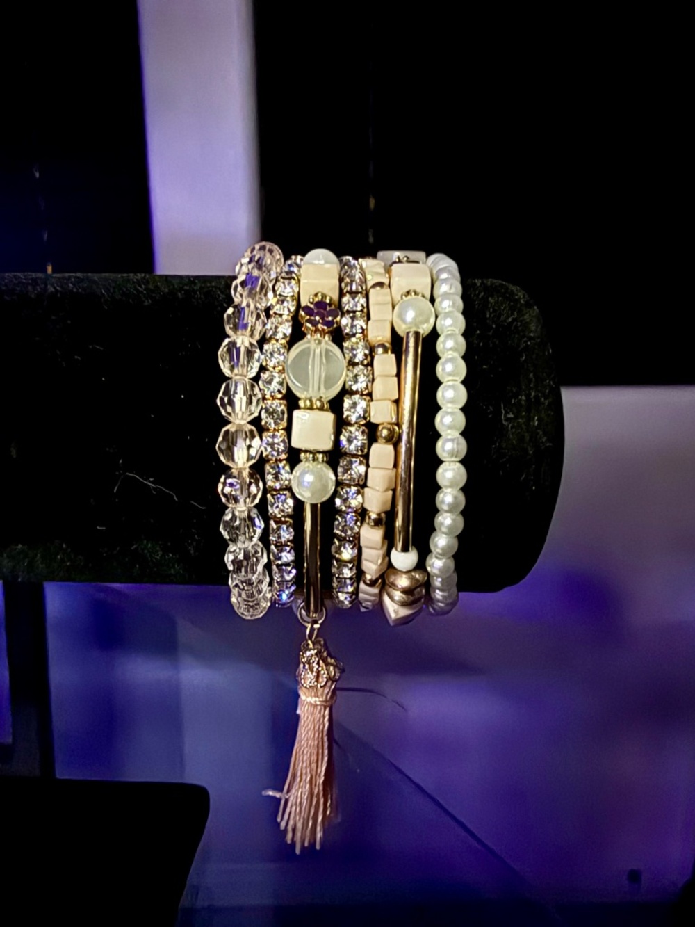 Blush Pink Gold Beaded 7 Piece Stackable Stretch Bracelet Set NWOT
